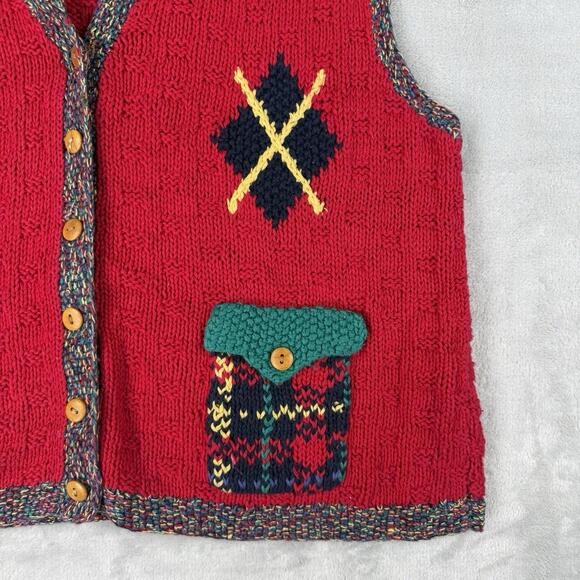 Vintage Northern Isles Portraits Hand Knit Sweater Vest Red Pattern M-L Cottage - Picture 6 of 9